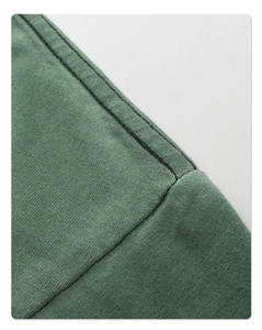Macro detail of retro green washed t-shirt showing reinforced shoulder stitching texture