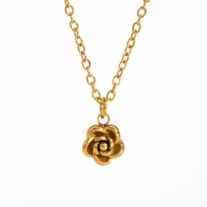 Detailed view of 3D rose flower pendant on a delicate gold stainless steel chain