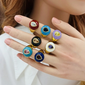 Colorful enamel heart rings with teardrop zircon in multiple colors for women
