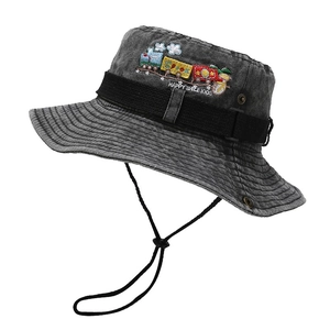 Kids vintage charcoal gray denim sun hat with colorful train embroidery and windproof cord