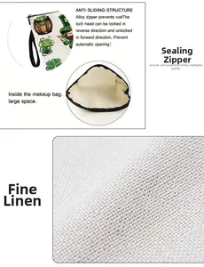 Detail of St. Patrick's Day linen makeup bag with clover print and alloy zipper closure