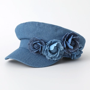 Navy blue denim newsboy cap with vintage floral embellishments for women fashion