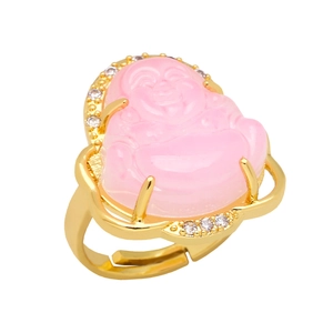 Detailed close-up of golden Maitreya Buddha ring with pink stone and zircon inlay