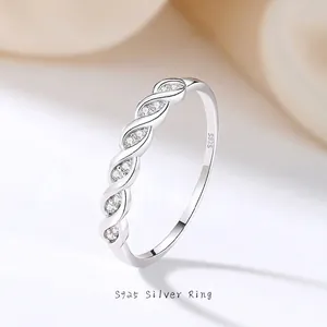 S925 Sterling Silver Zirconia Twisted Stackable Ring For Women Simple Minimalist White Gold Plated Geometric Finger Ring