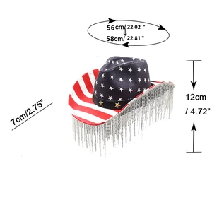 Detailed size specifications for striped bridal cowboy hat with rhinestone fringe