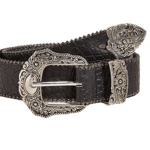 Vintage black leather belt with embossed texture and engraved silver floral buckle