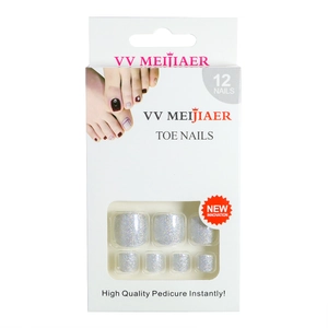 Sparkly silver glitter press-on toe nails with model view and premium packaging