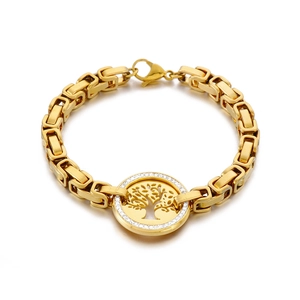 Gold tree of life charm bracelet with sparkling rhinestones and bold link chain