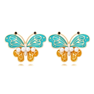 Butterfly Stud Earrings Enamel Wings Jewelry With Imitation Artificial Pearl Zinc Alloy Stainless Steel Earring Post For Women