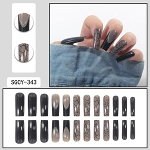 24pcs long coffin press on nails in black and grey with heart designs and french tips