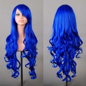 Front and back detail of 80cm long wavy blue cosplay wig with synthetic fiber texture