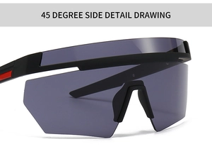 45-degree side view of oversized wrap sunglasses with sleek black frame and red details