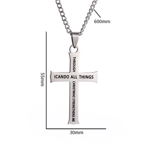 Titanium steel silver cross pendant necklace with engraved religious quote and dimensions