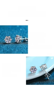 Macro detail of classic six-prong moissanite stud earrings in polished S925 silver