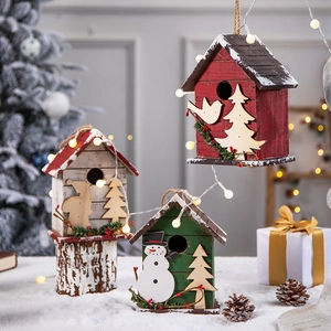 Christmas Wooden Birdhouse Hanging Ornaments Snowman Santa Bird Decor Faux Snow Weathered Wood Holiday Home Party Decoration