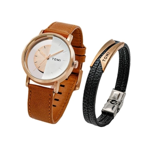 Tomi unisex hollow design quartz watch with brown leather strap and steel bracelet set