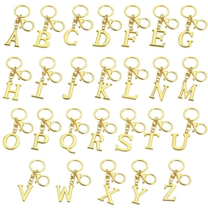 Polished gold stainless steel A-Z initial keychains with lobster clasp and round ring