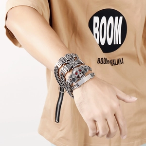 Retro stainless steel bracelet with skull and cross charms in gothic punk style for men