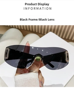 Detail view of black Y2K frameless sunglasses with rhinestone accents on the side temple