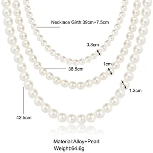 Three-layer faux pearl necklace size guide showing lengths and pearl diameters