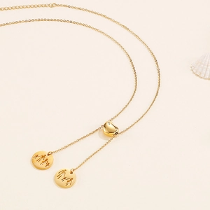 Minimalist gold Y-shaped necklace featuring family silhouette pendants and heart slider