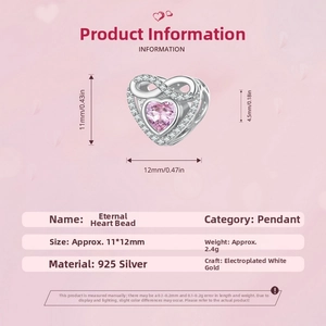 Macro view of S925 sterling silver pink heart charm with infinite love detail and dimensions