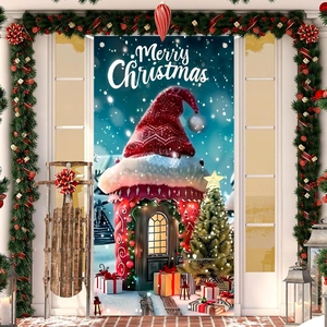 Outdoor Christmas door banner with snowy house, Xmas tree and Merry Christmas text