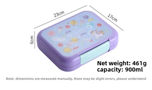 Purple astronaut lunch box showing 900ml capacity and 23cm by 17cm dimensions