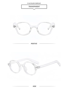 Front and side view of oval transparent retro sunglasses with sleek plastic frames
