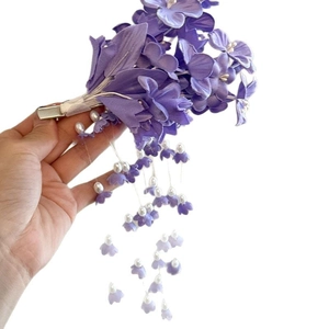 Elegant purple lily of the valley hair clip with long tassel and pearl accents