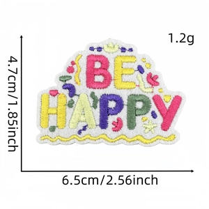 Close-up of BE HAPPY embroidered patch showing stitch texture and size measurements