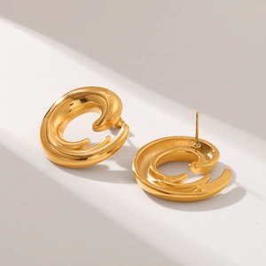 Modern gold-tone stainless steel C-shaped earrings with abstract swirl design for women
