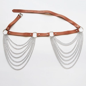 Brown PU leather body chain with silver metal fringe tassels and punk multi-layer design