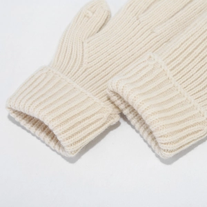 Knitted letter patch hat and gloves set in cream white with ribbed wool texture