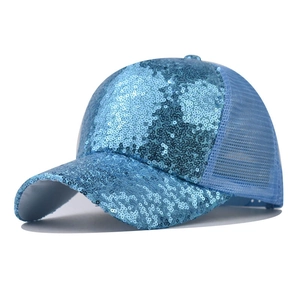 Detail of light blue sequin mesh baseball cap with breathable polyester net and shiny brim