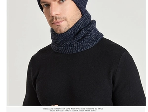 Detail of dark blue chunky knit beanie and neck warmer set for men winter warmth