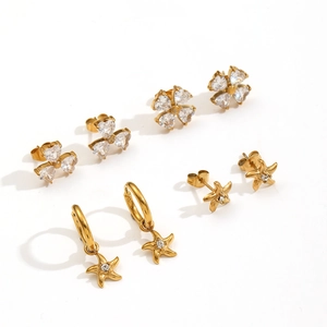 Fashionable gold stainless steel floral and star stud earrings set with zircon stones