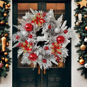 Christmas Wreath White Flocked With Silver Reindeer Red Balls Pine Cones For Front Door Wall Hanging Decor