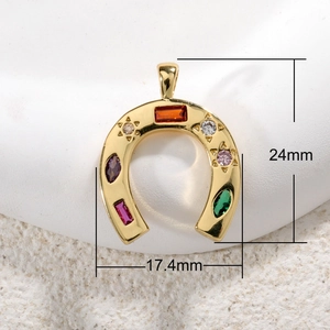 Gold horseshoe necklace pendant with rainbow zircon stones and 24mm size dimension
