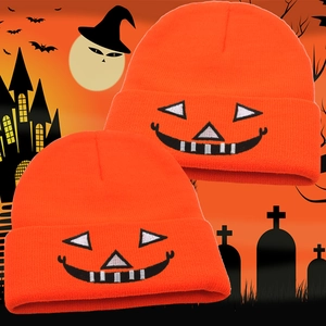 Halloween Pumpkin Embroidered Knit Beanie Winter Warm Acrylic Smile Skeleton Skull Hat For Men Women Festival Costume Party