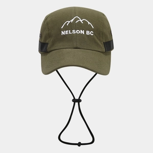 Detail of army green baseball cap with mountain embroidery and adjustable windproof rope