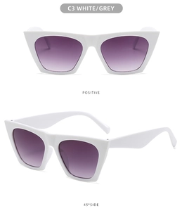Front and 45-degree side view of white cat-eye sunglasses with purple gradient lenses