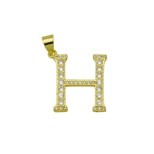 Détail du pendentif lettre H avec placage en or 18 carats et pierres de zircon brillantes