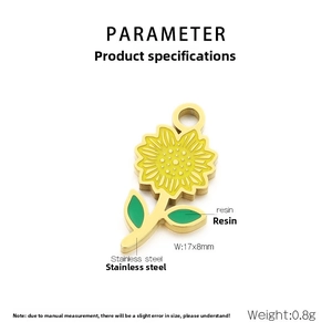 Detailed specs of stainless steel sunflower pendant with 17x8mm size and 0.8g weight