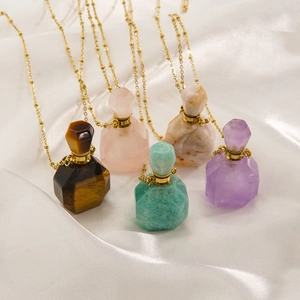 Perfume Bottle Pendant Necklace Stainless Steel Natural Stone Gold Plated Beaded Chain Essential Oil Diffuser Women