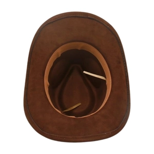 Detail view of brown cowboy hat interior featuring adjustable inner sweatband straps