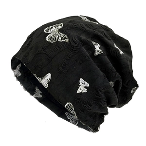 Butterfly Print Distressed Slouchy Beanie Hat Polyester Y2K Streetwear Hollow Out Breathable Casual Accessories Women