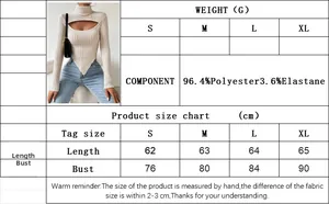 Size chart for knit crop top with length and bust measurements in centimeters and fabric details