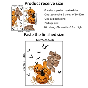 Detailed Halloween wall decal specifications showing sizes for blood prints and pumpkin designs