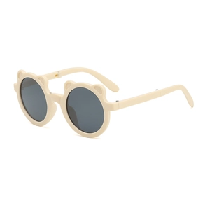 Foldable cream kids sunglasses with bear ear design and round grey lenses